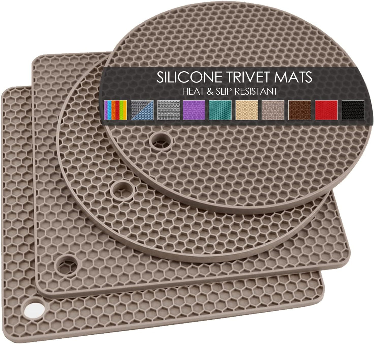 Almond silicone trivet set containing two round and two square mats
