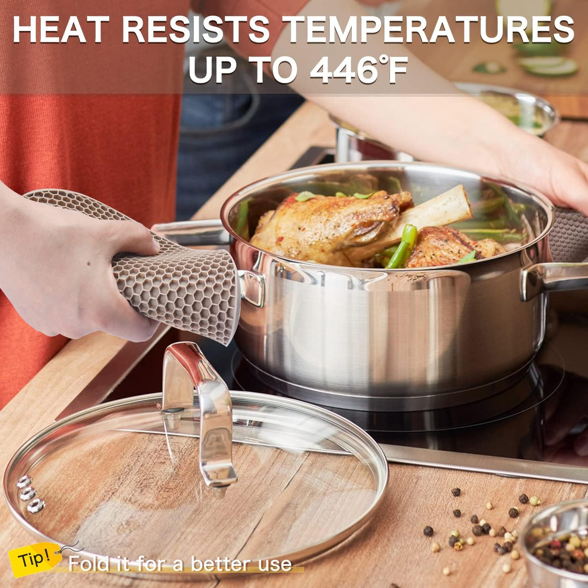 Flexible almond silicone mat used as a pot holder; supplier states heat resistance up to 446 degrees Fahrenheit