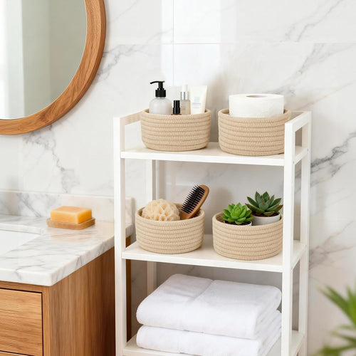 Beige cotton rope baskets styled on a bathroom shelf; accessories not included