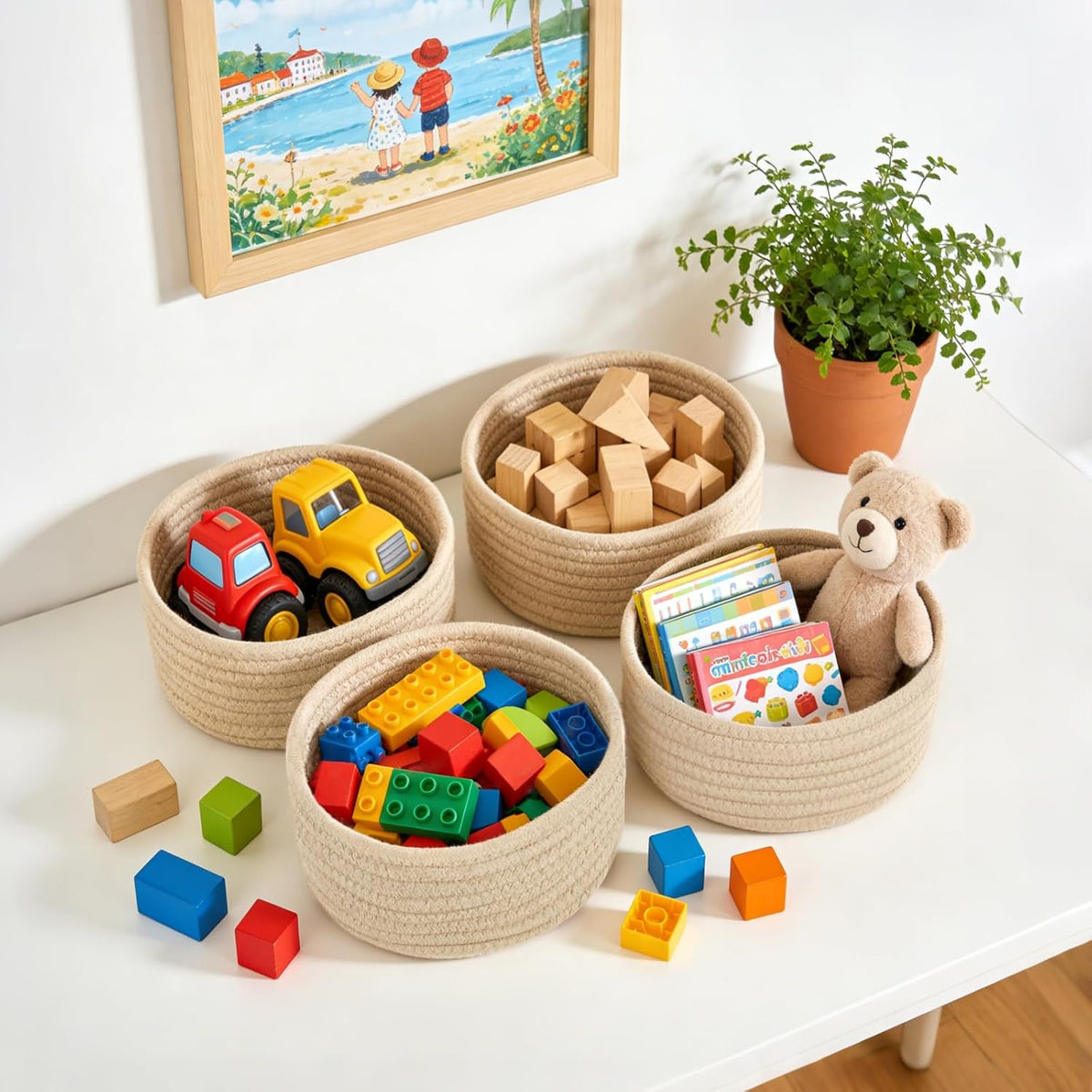 Four beige storage baskets holding small items; contents not included
