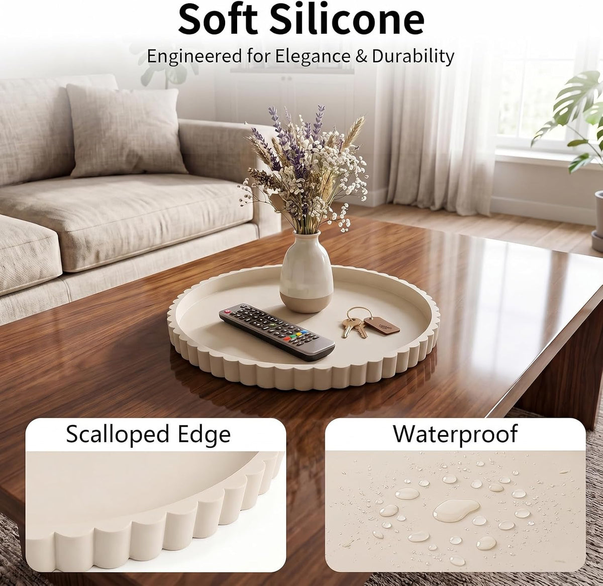 Beige silicone tray with scalloped edge detail