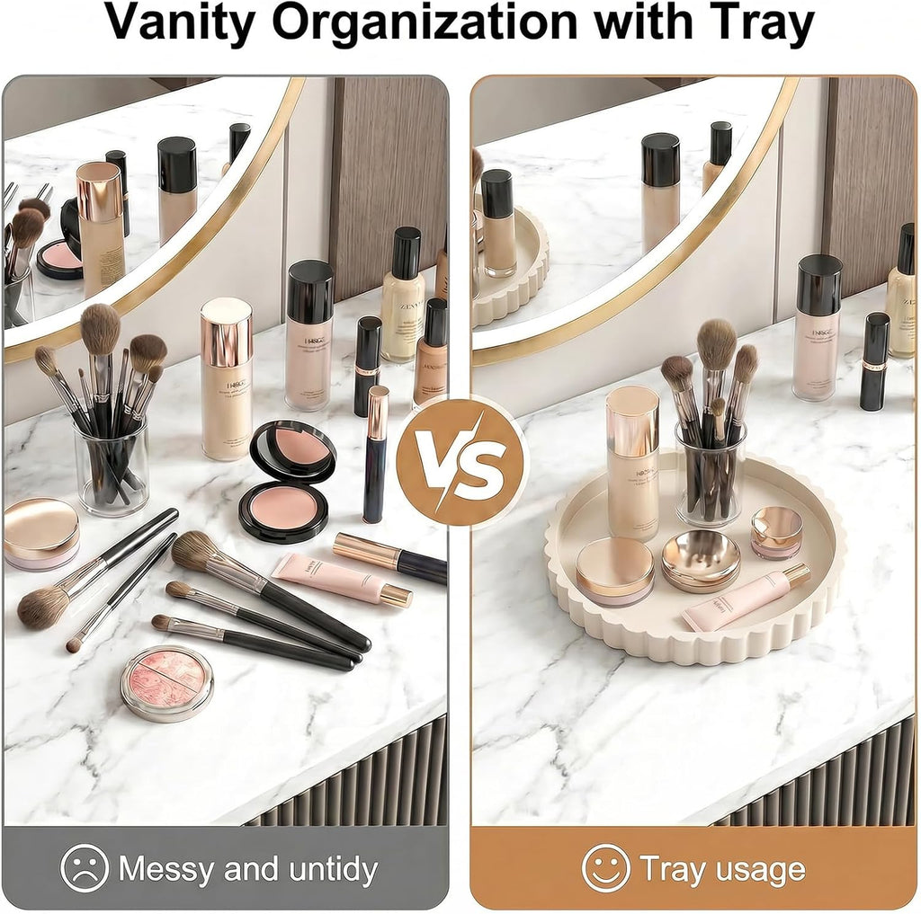 Beige decorative tray used to organize a vanity; accessories not included