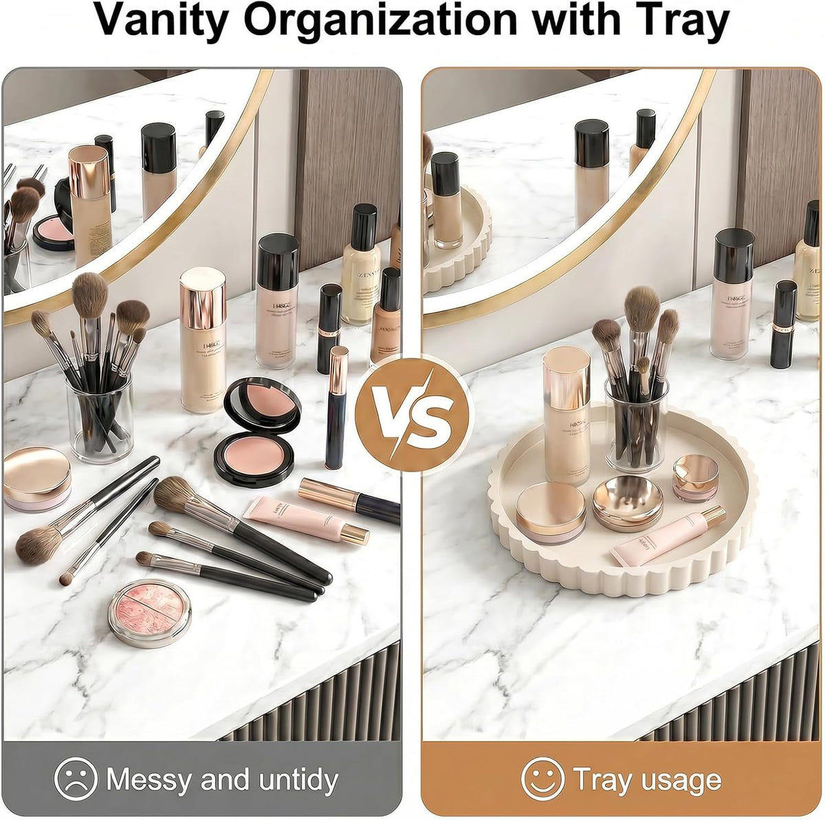 Beige decorative tray used to organize a vanity; accessories not included