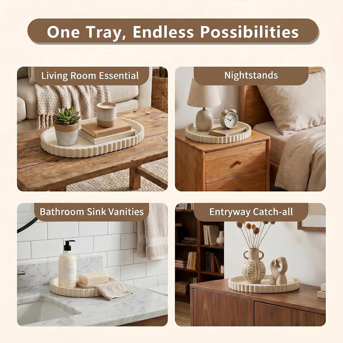 Beige scalloped tray styling ideas for living room, bedside, bathroom and entryway