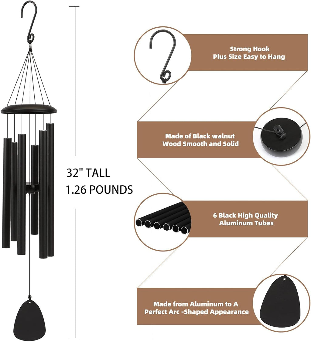 32-inch black wind chime dimensions, hanging hook and six aluminum tubes