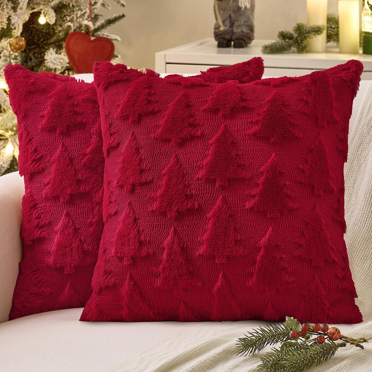 Two burgundy Christmas tree pillow covers; inserts not included