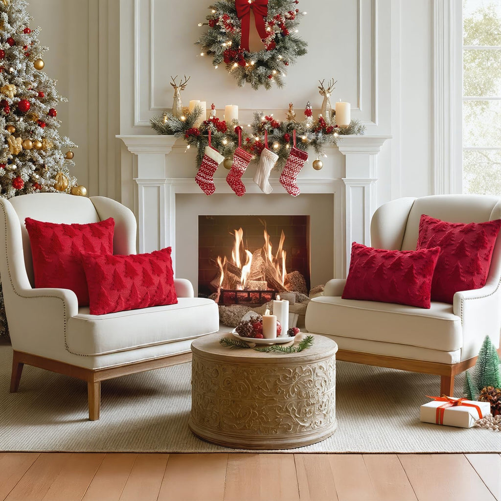 Holiday sofa styling inspiration; rectangular cushions not included