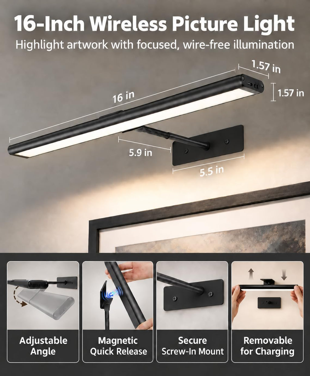 16-inch picture light dimensions, screw mounting and removable magnetic light bar