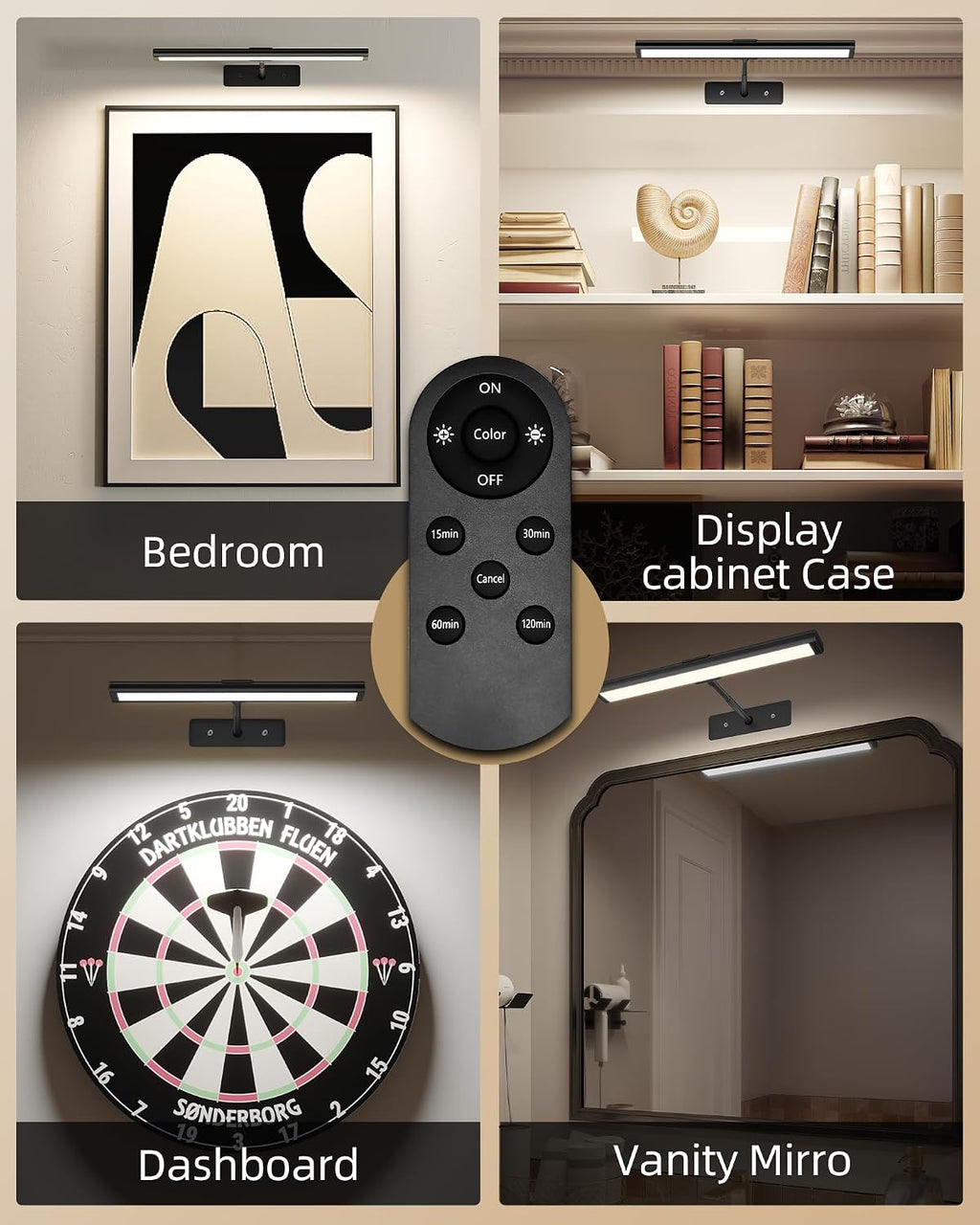 Picture light shown in different indoor settings; artwork and accessories not included