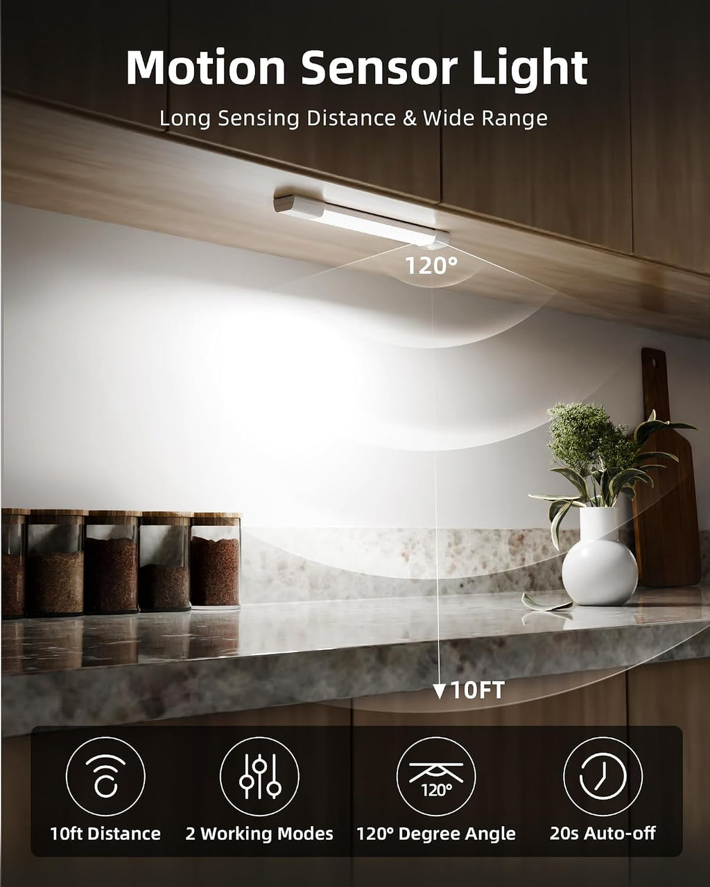 Motion sensor coverage up to 10 feet and 120 degrees