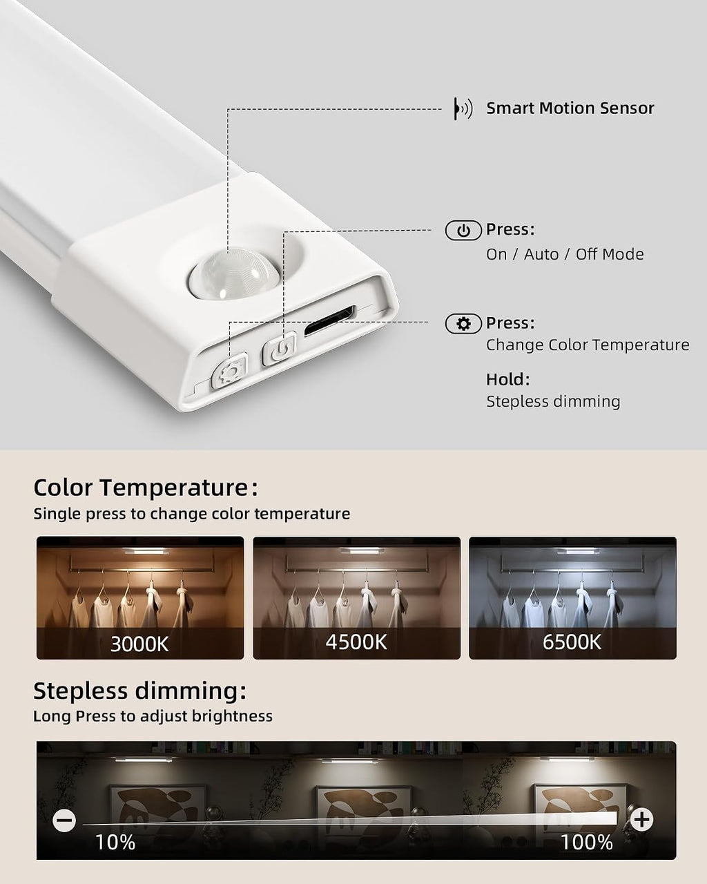 Controls, three color temperatures and dimming