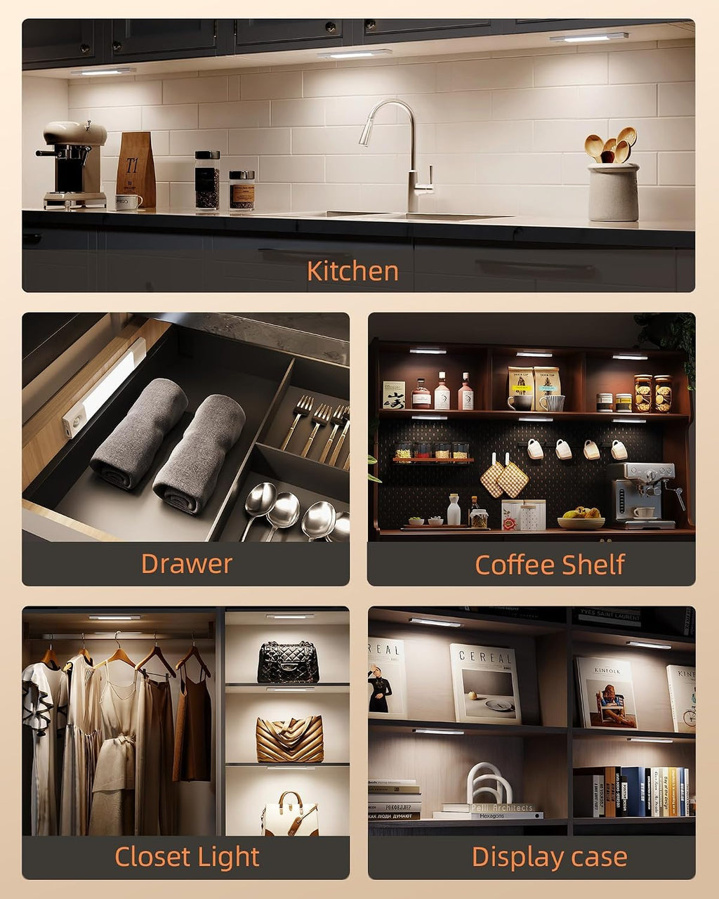 Indoor lighting examples for cabinets, drawers and shelves