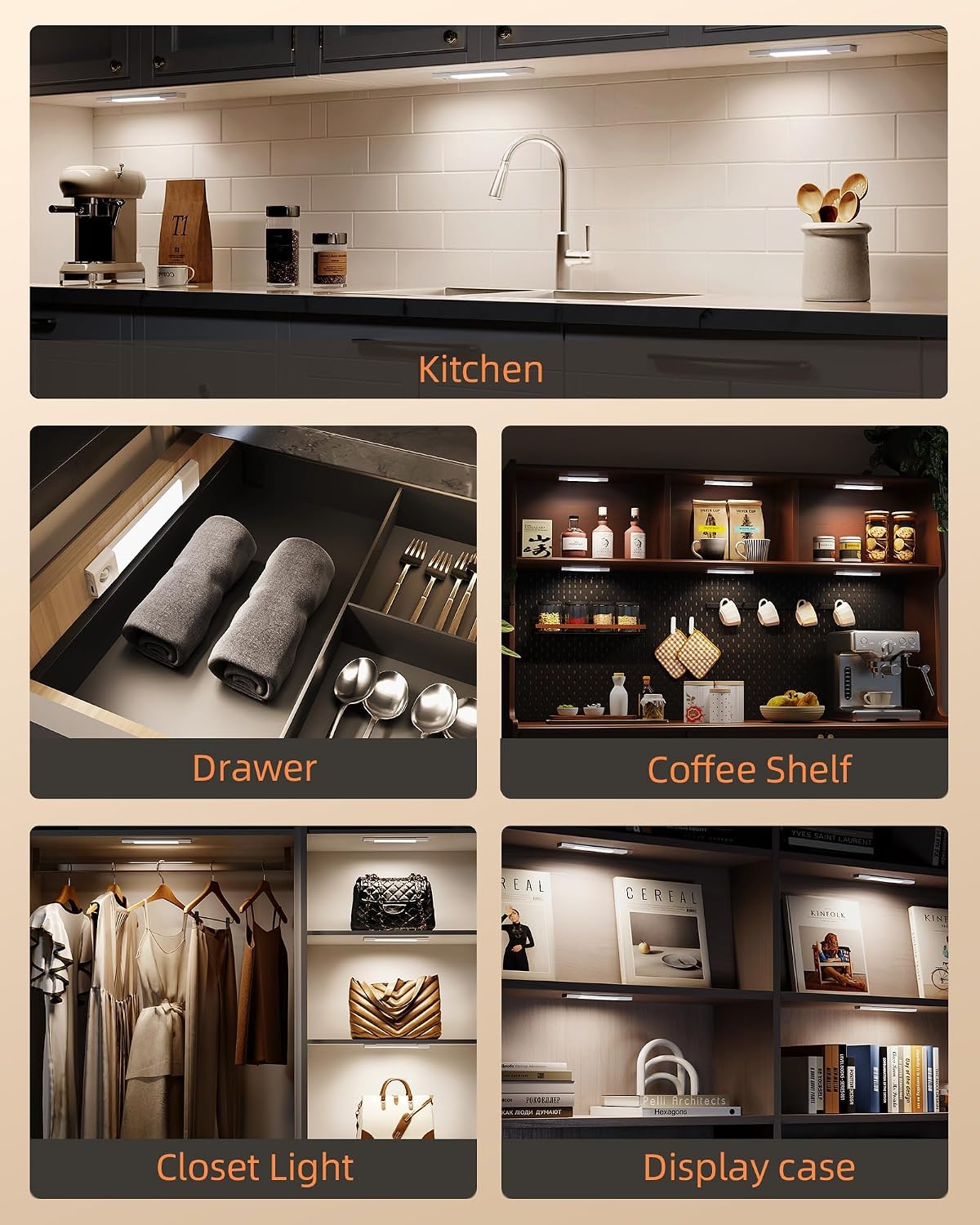 Indoor lighting examples for cabinets, drawers and shelves
