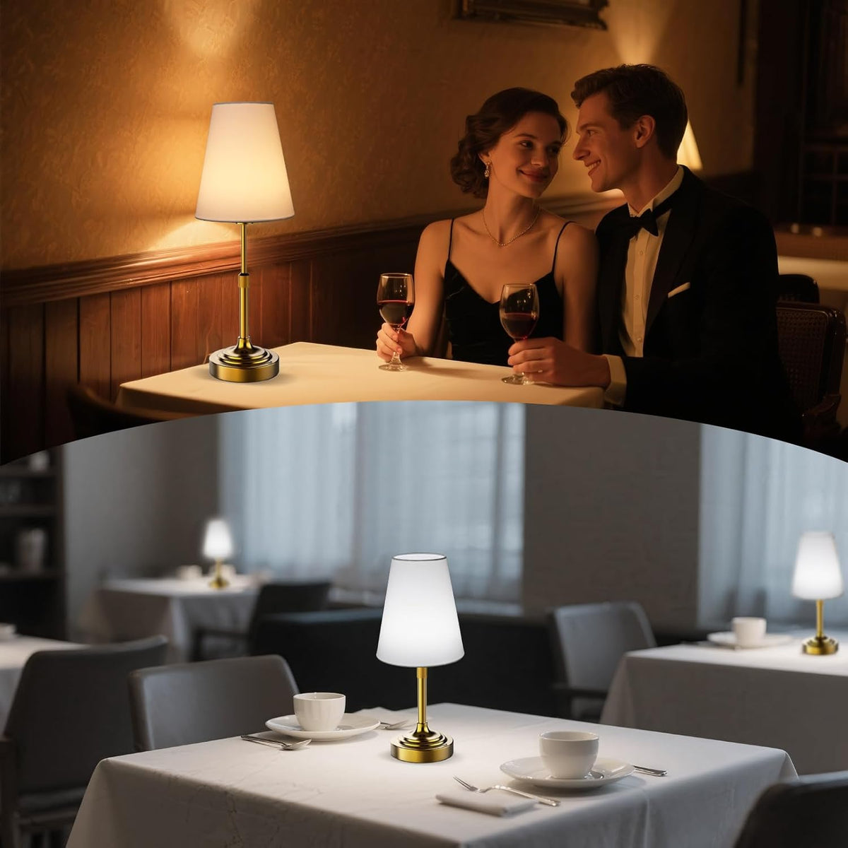 Gold rechargeable table lamp styled on dining tables