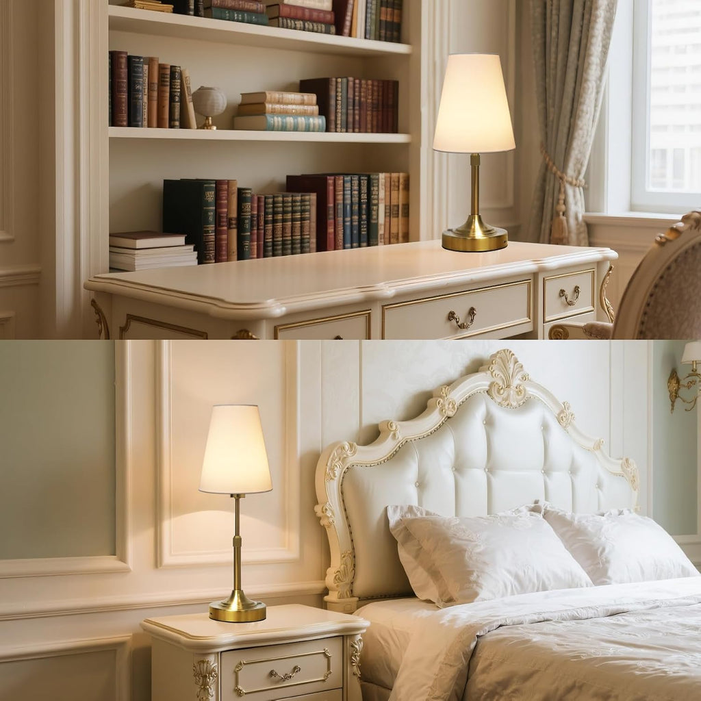 Gold table lamp styled in a bedroom and home office
