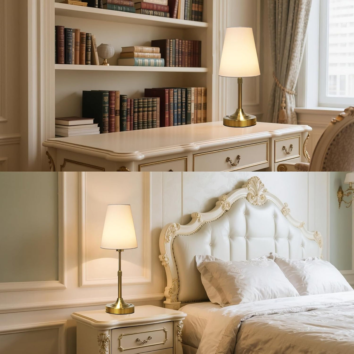 Gold table lamp styled in a bedroom and home office