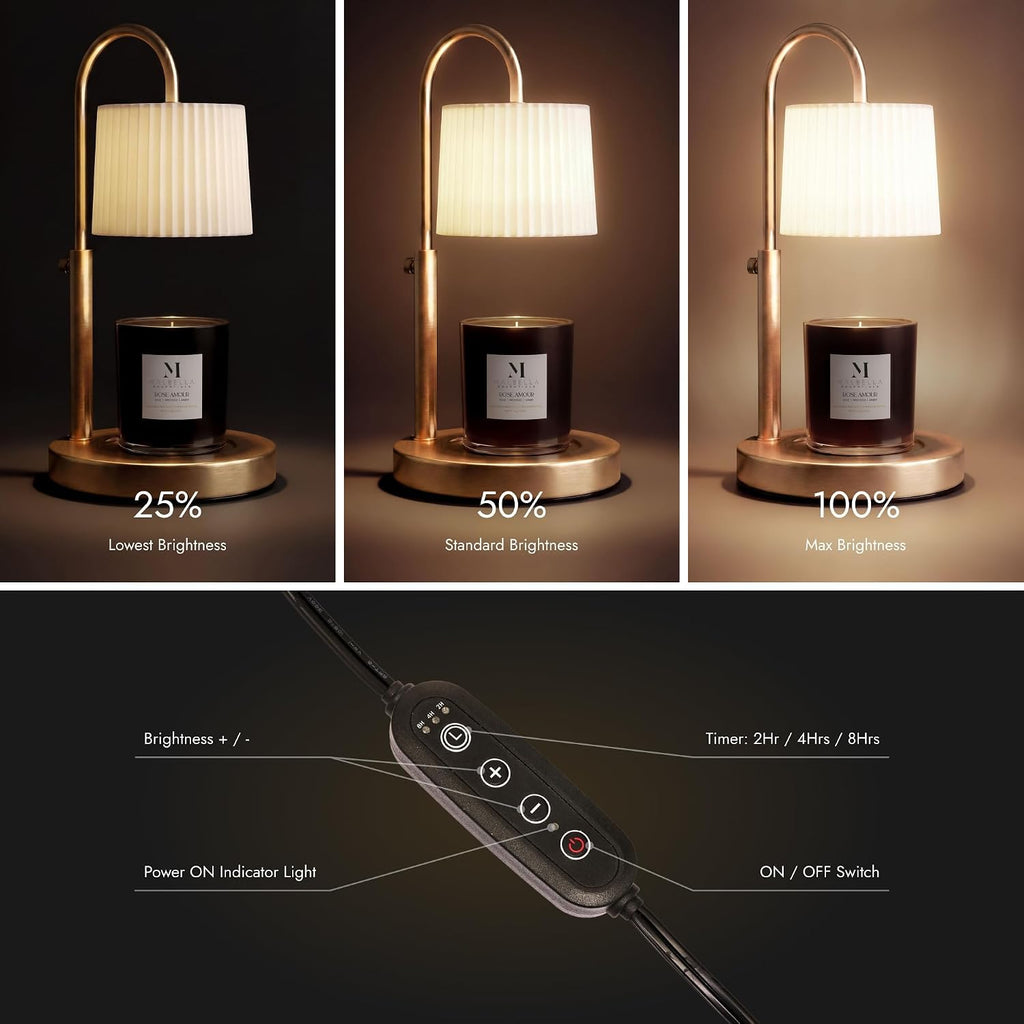 Malbella candle warmer brightness and 2, 4, 8 hour timer controls