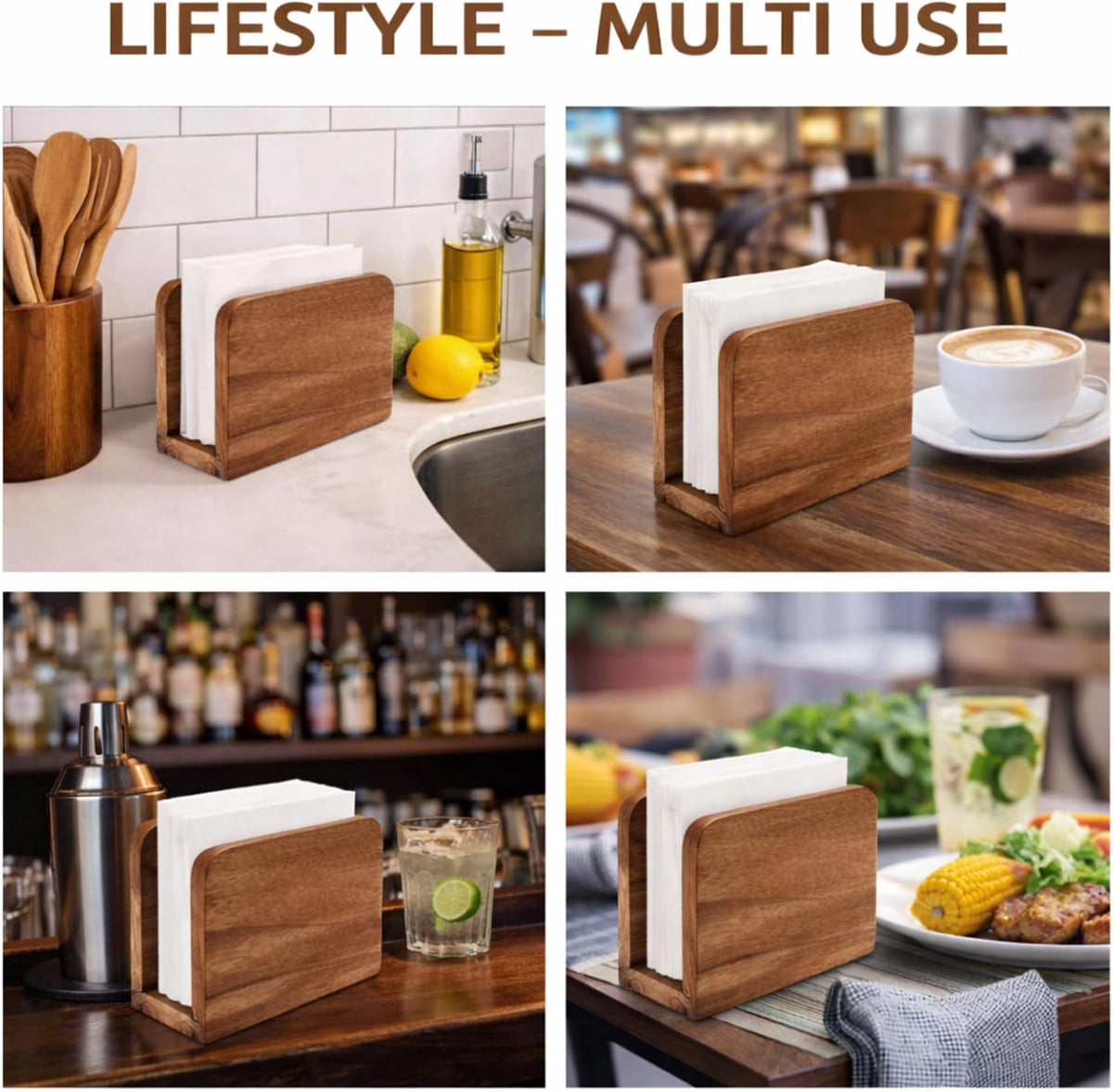 Wood napkin holder styling examples for kitchens and dining spaces