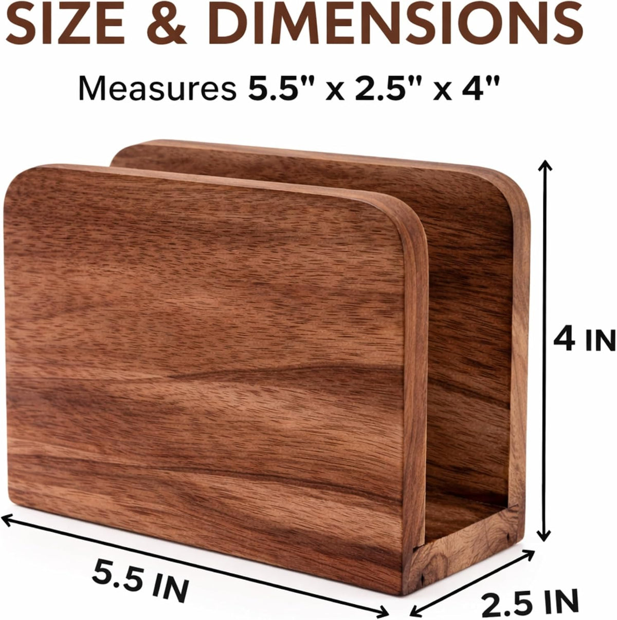 Napkin holder dimensions: 5.5 by 2.5 by 4 inches
