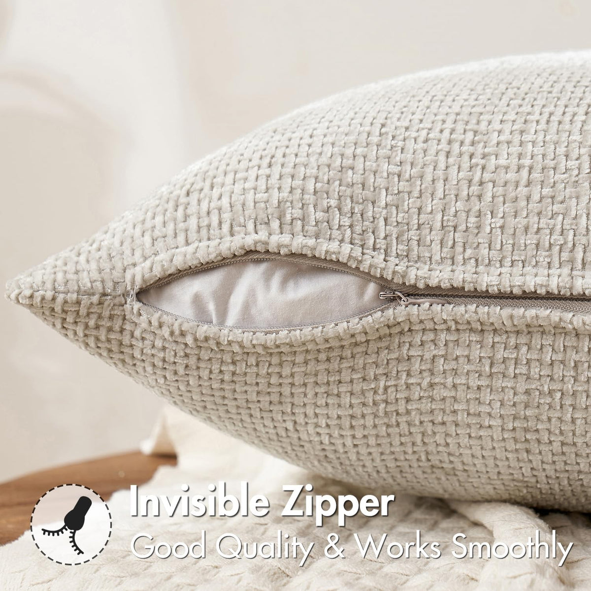 Hidden zipper detail on beige chenille pillow cover