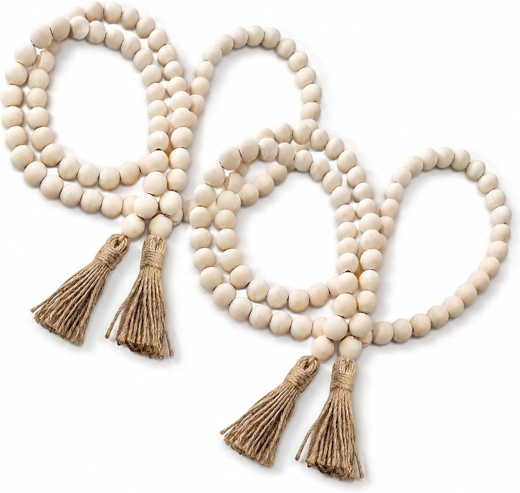 Set of two natural wooden bead garlands with jute tassels