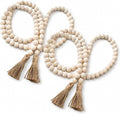 Set of two natural wooden bead garlands with jute tassels