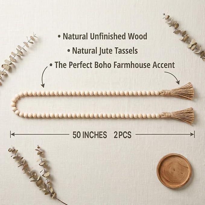 Wood bead garland material and 50-inch size illustration, set of two