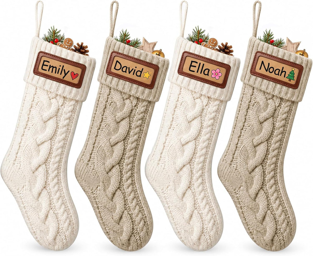 Four cream and beige cable knit Christmas stockings with example name cards