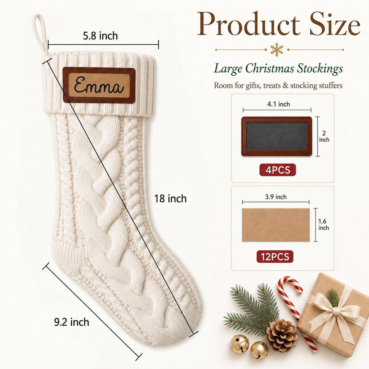 Stocking dimensions and included name card holders and blank cards