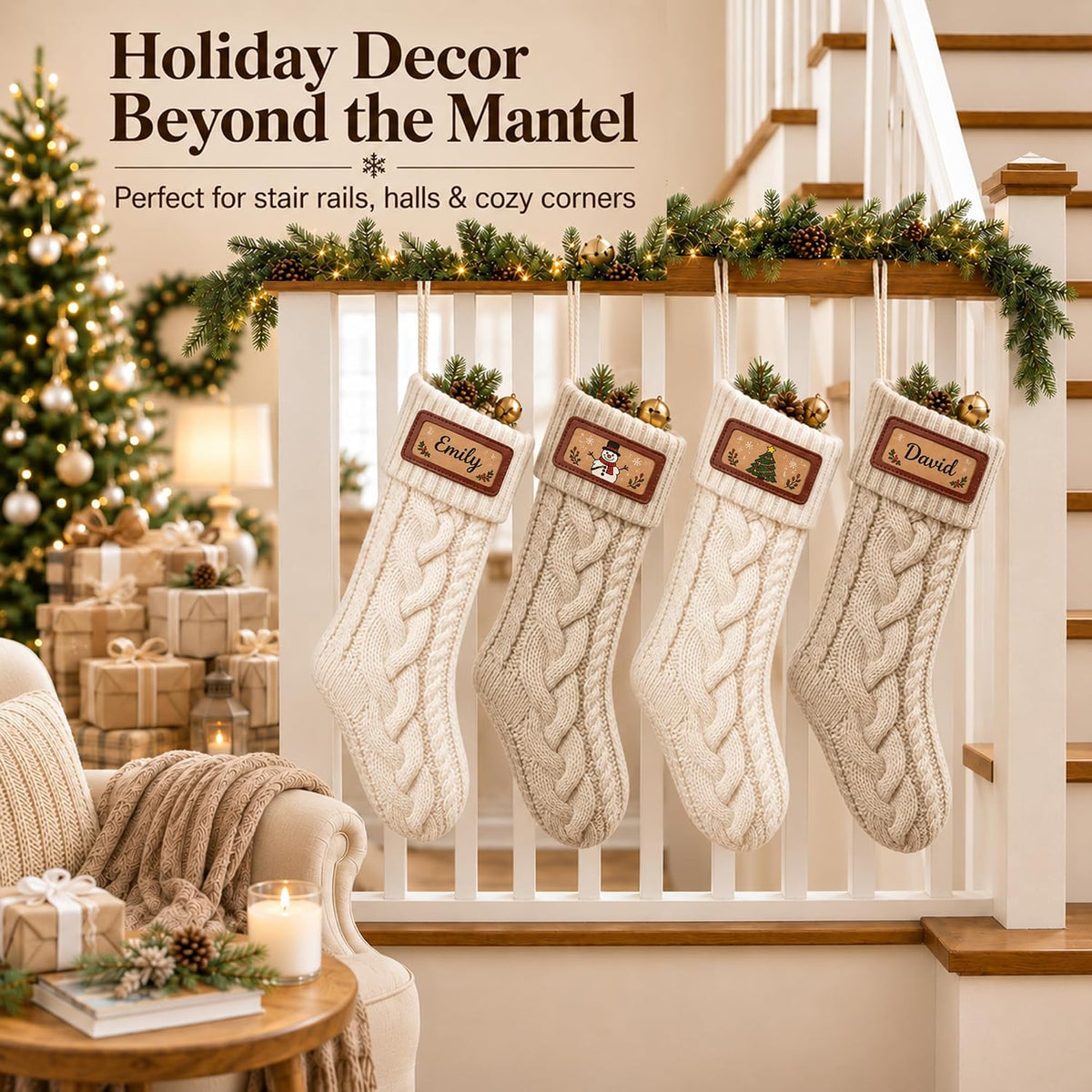 Neutral knit stockings displayed on a staircase; decorations not included