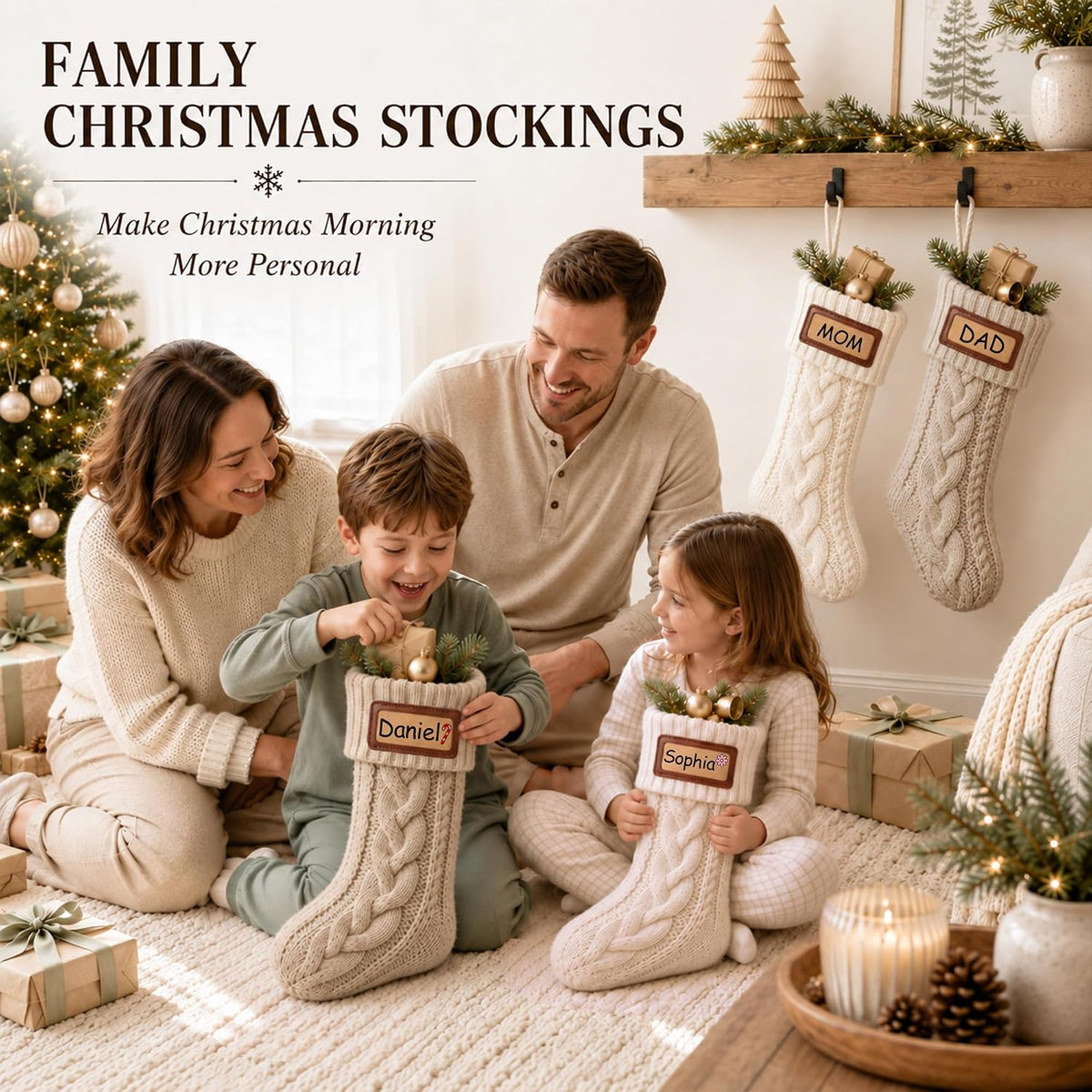 Christmas stockings in a family holiday setting