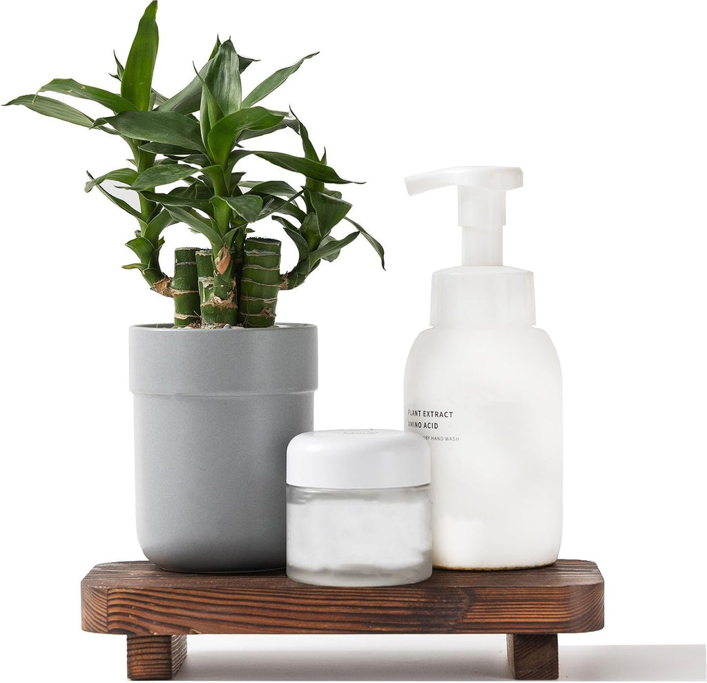 Rustic brown wood display riser styled with toiletries and a plant; stand only