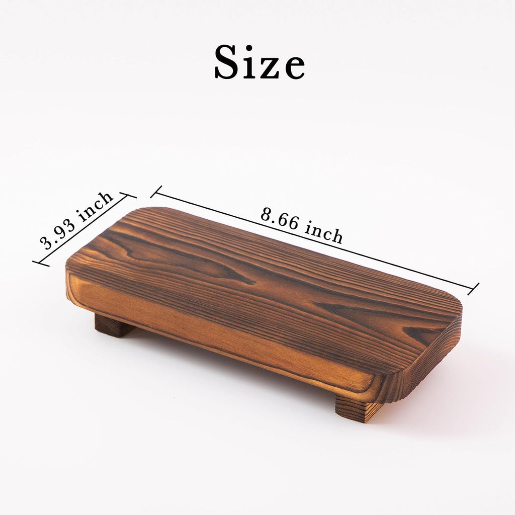 Wood display riser measuring 8.66 inches long and 3.93 inches wide