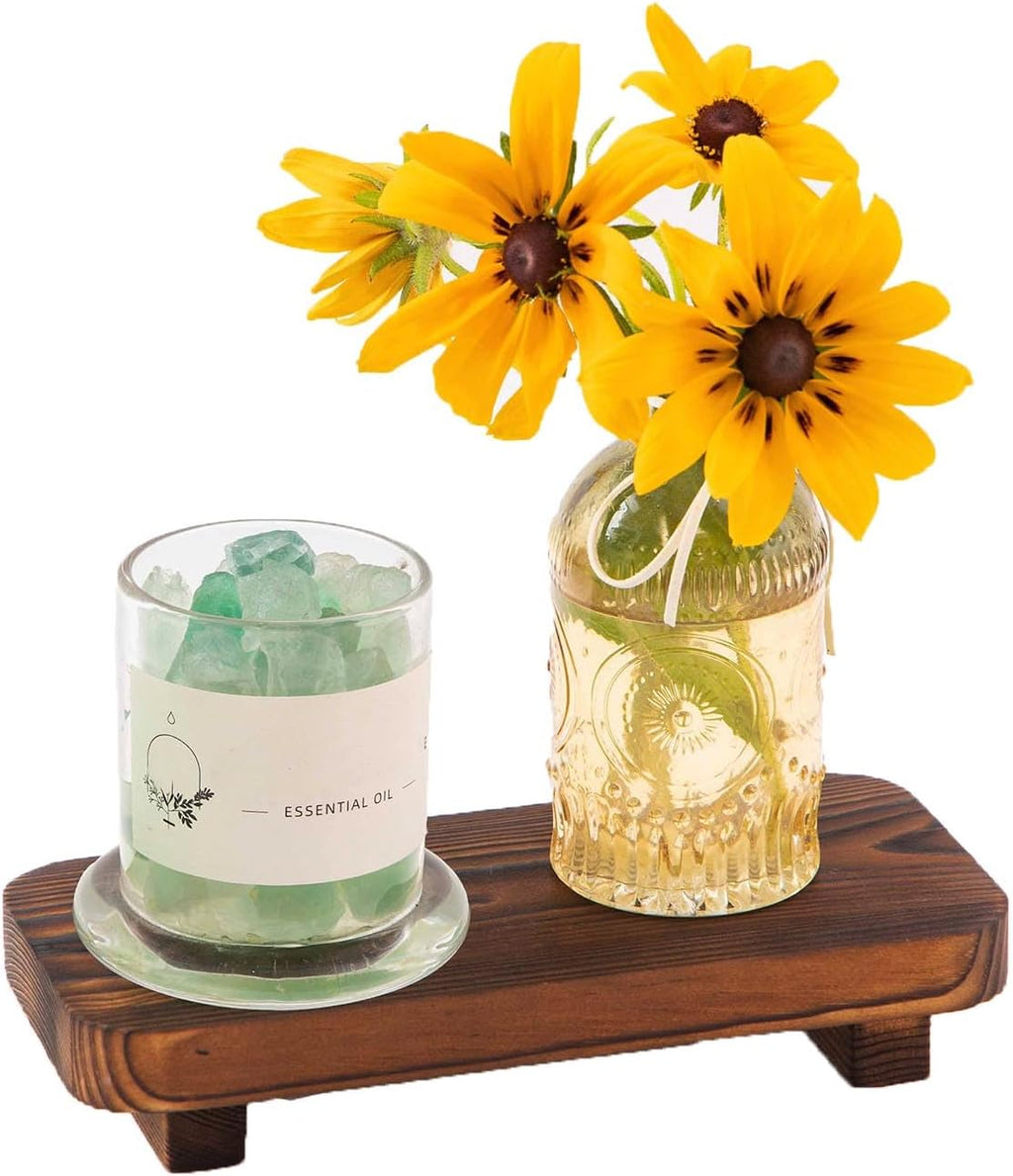 Rustic wood display stand styled with a vase and decorative jar; accessories not included