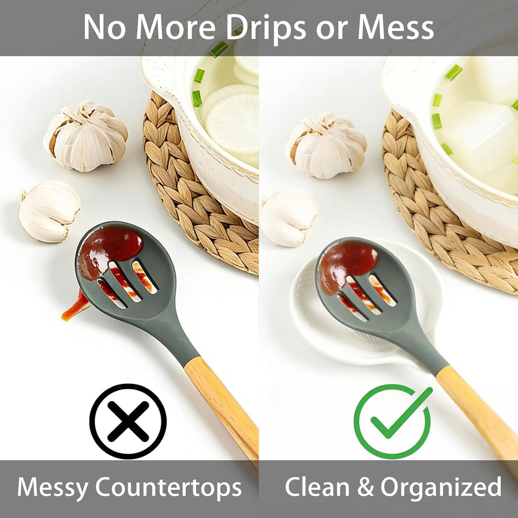White ceramic spoon rest catching drips from a cooking spoon; spoon not included